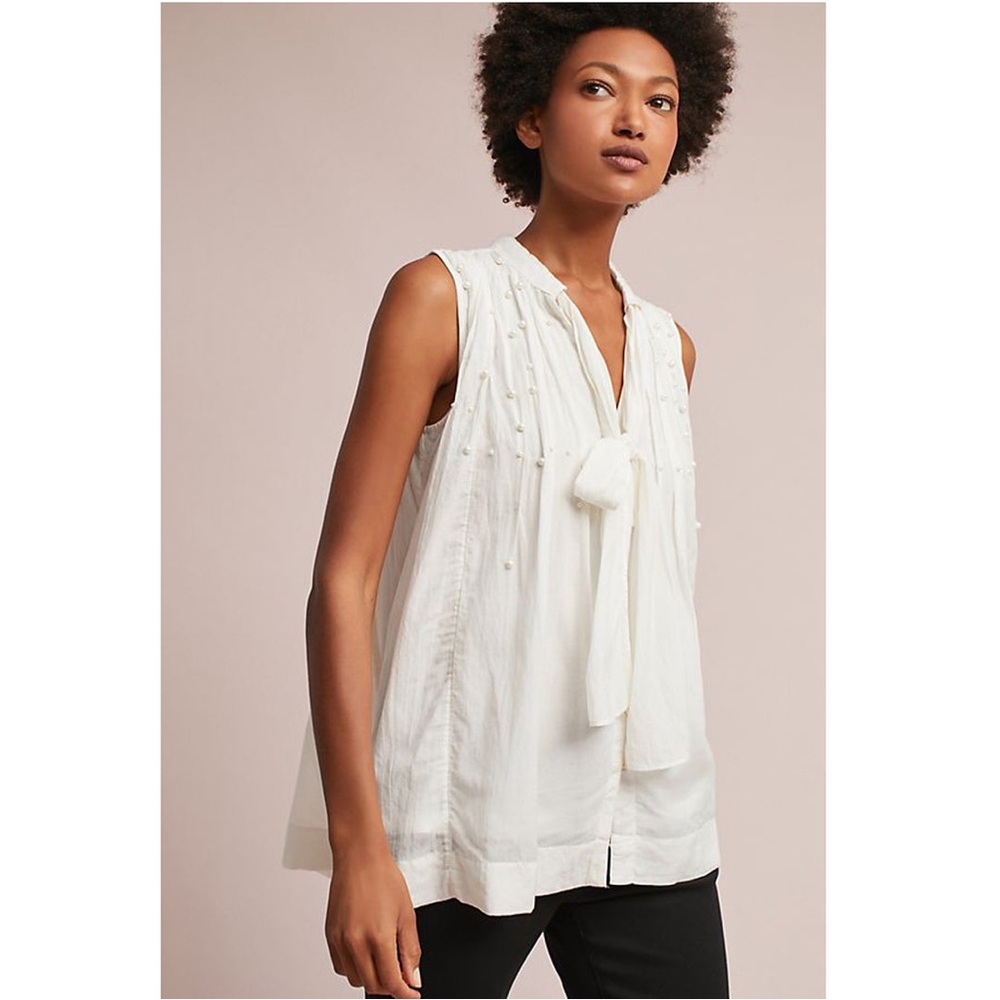 Anthropologie Feather Bone Leonie Pearl Sleeveless Neck Tie Ivory Blouse